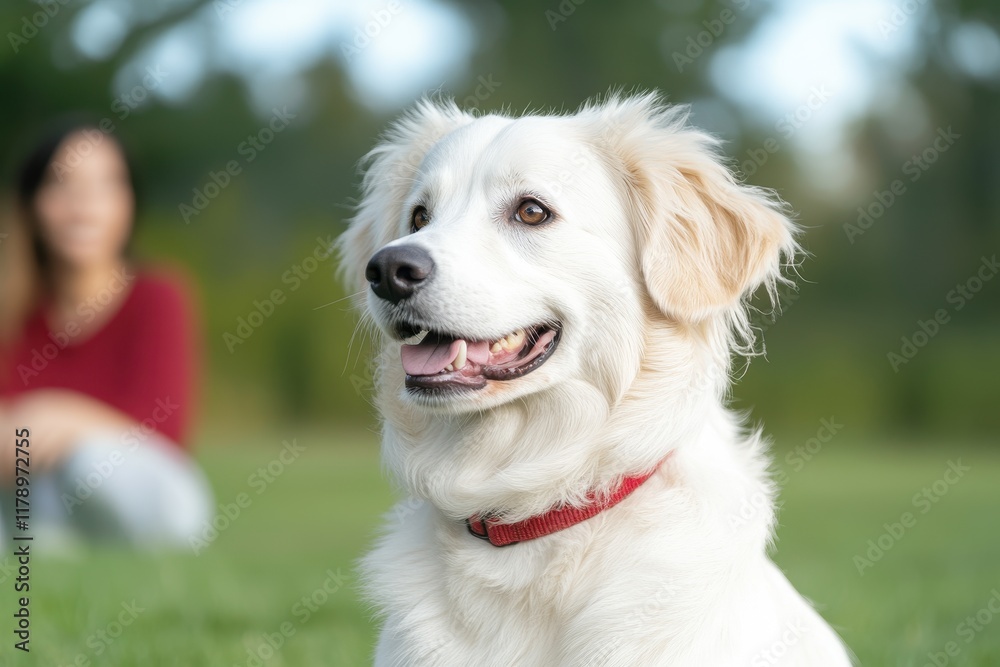 A Playful Dog Sitting in Lush Green Grass with a Joyful Woman in the Background Under a Bright Blue Sky on a Sunny Day A Playful Dog Sitting in Lush Green Grass with a Joyful Woman in the Background Under a Bright Blue Sky on a Sunny Day