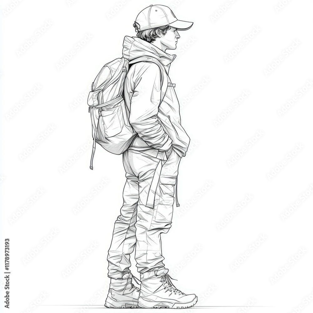 Stylish Man with Backpack: A Pen-and-Ink Fashion Illustration. Perfect for travel, adventure, and streetwear blogs. Stylish Man with Backpack: A Pen-and-Ink Fashion Illustration. Perfect for travel, adventure, and streetwear blogs.