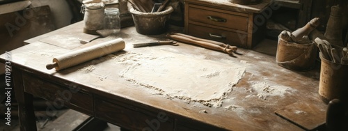 Baker's Workspace, a rustic desk scattered with flour, rolling pins, and freshly prepared dough ready for crafting delicious treats