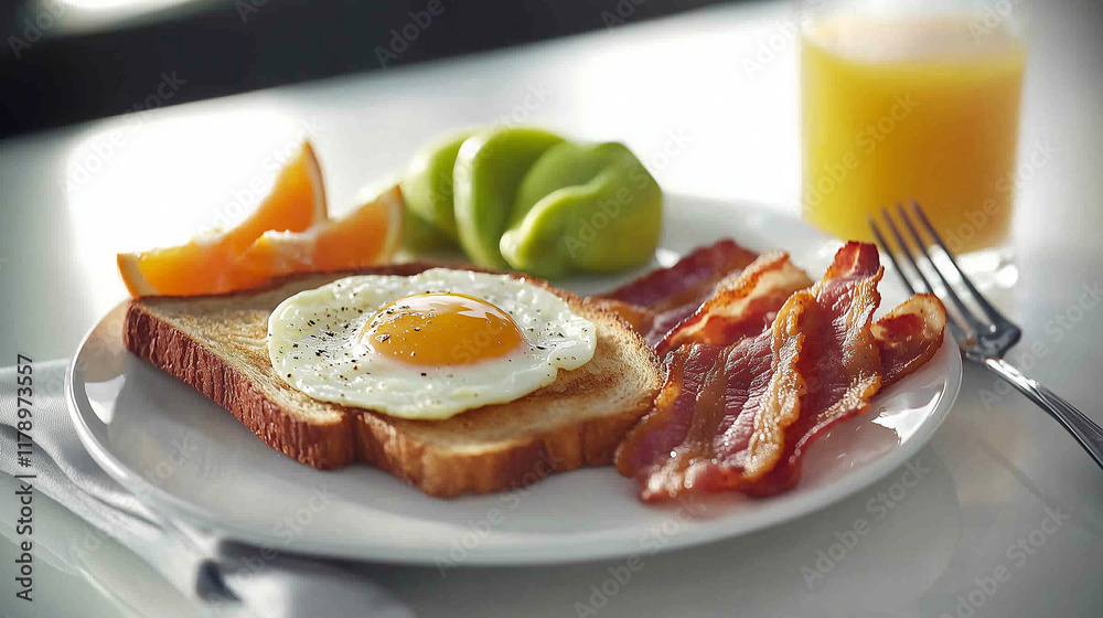 A classic egg breakfast with sunny-side-up eggs, crispy bacon, buttery toast, and freshly squeezed orange juice. The eggs are plated on a white ceramic dish, with soft morning A classic egg breakfast with sunny-side-up eggs, crispy bacon, buttery toast, and freshly squeezed orange juice. The eggs are plated on a white ceramic dish, with soft morning