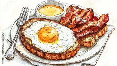 A classic egg breakfast with sunny-side-up eggs, crispy bacon, buttery toast, and freshly squeezed orange juice. The eggs are plated on a white ceramic dish, with soft morning