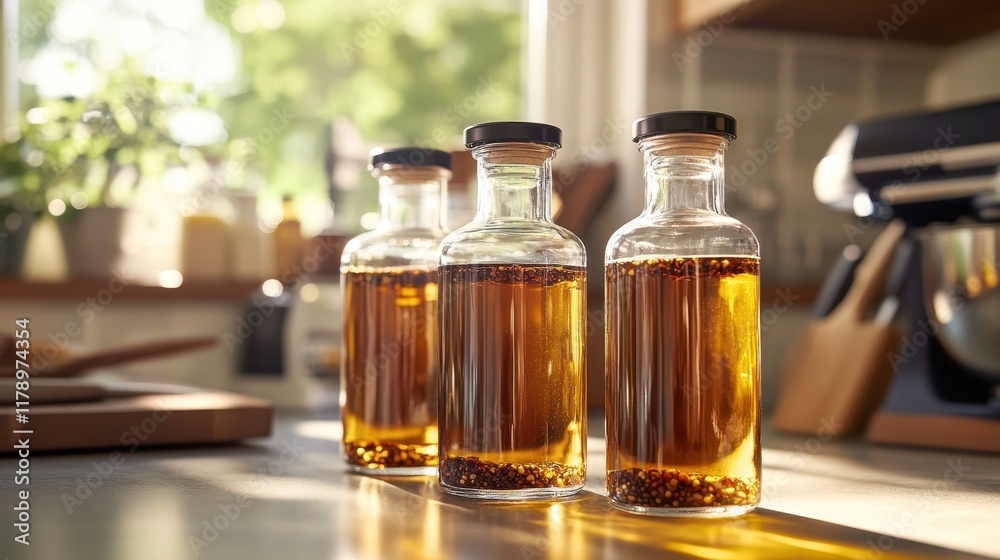 Glass Bottles with Liquid on Kitchen Counter Glass Bottles with Liquid on Kitchen Counter