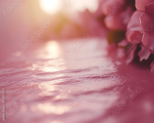 Pink flowers on a shiny surface at sunset.