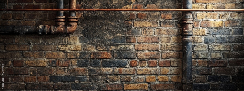 Rustic Industrial Brick Wall with Exposed Pipes, showcasing raw textures and urban charm in a vibrant setting Rustic Industrial Brick Wall with Exposed Pipes, showcasing raw textures and urban charm in a vibrant setting