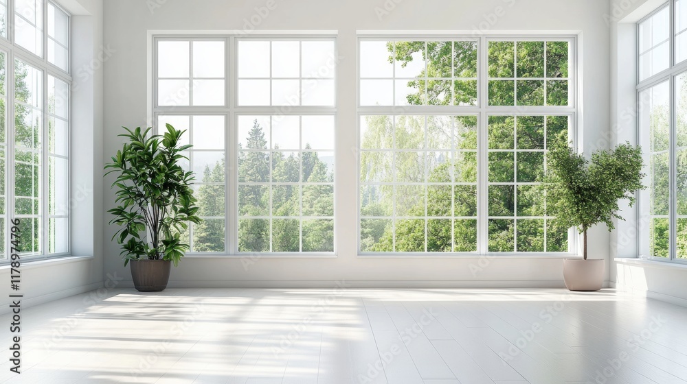 Fototapeta premium Spacious interior with bright white walls, expansive windows, vibrant greenery outside, inviting natural light and serene atmosphere
