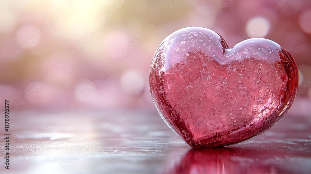 Fototapeta premium Valentine Day Pink Heart on a Table with Glass Surface