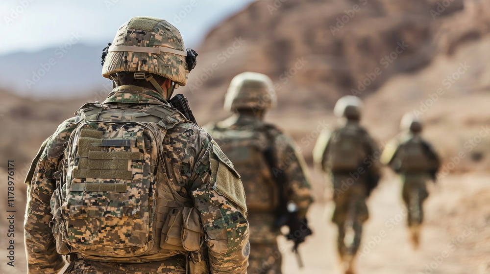 Soldiers in Camouflage Uniforms Marching Through Rugged Desert Terrain Soldiers in Camouflage Uniforms Marching Through Rugged Desert Terrain