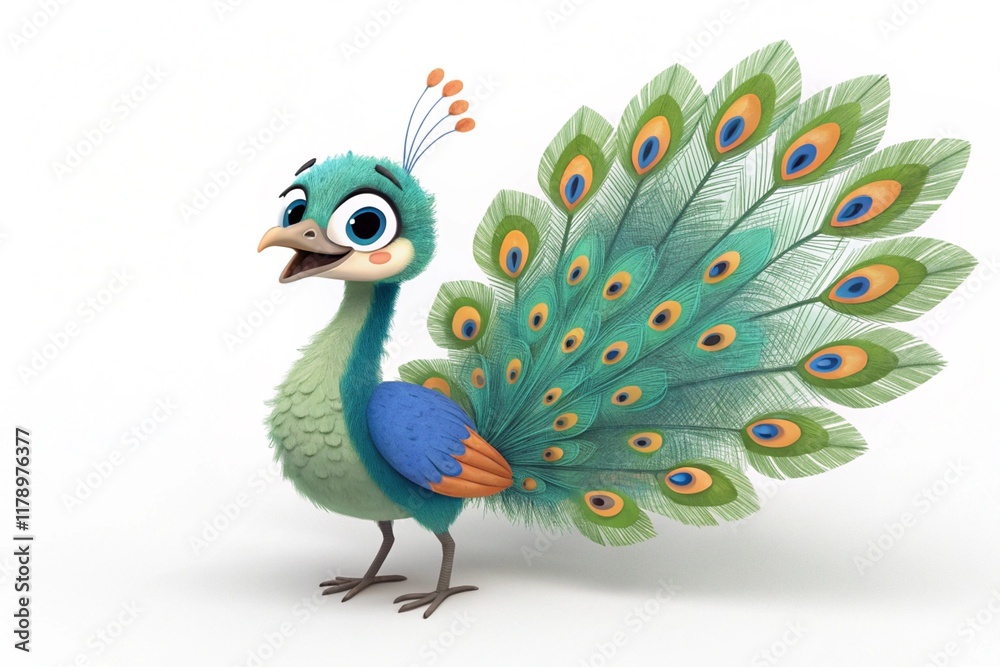 Fototapeta premium 3D rendered Peacock, animated cartoon-style illustration on a white background.