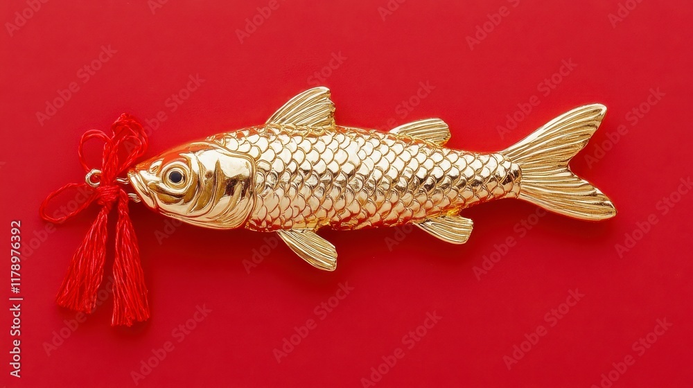 Naklejka premium Golden Fish Ornament with Red Tassel on Vibrant Red Background