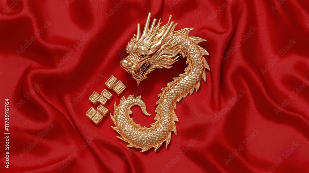 Obraz premium Golden Dragon Pendant on Luxurious Red Satin Fabric Background