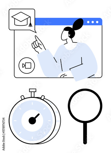 Woman in video call interface pointing at graduation cap icon, stopwatch tracking time, and magnifying glass symbolizing search or focus. Ideal for education, e-learning, time management, research
