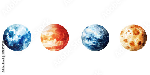 Set of planets, a watercolor vector illustration isolated on a white background.