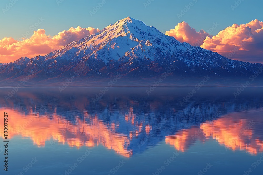 Obraz premium Majestic snow capped mountain reflected in tranquil lake at sunset