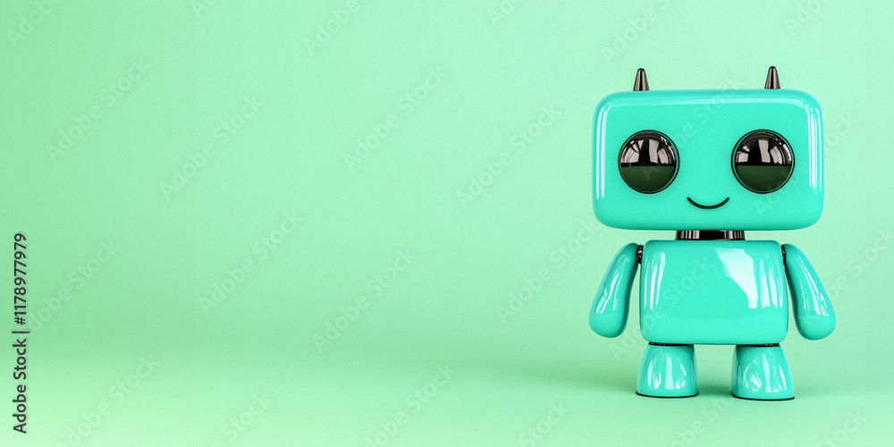 Teal Robot on Light Green Background. Banner with Copyspace for Text. Teal Robot on Light Green Background. Banner with Copyspace for Text.