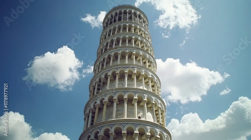 The Leaning Tower of Pisa on a bright summer day, tourists admiring the iconic structure, vibrant blue sky with fluffy clouds 