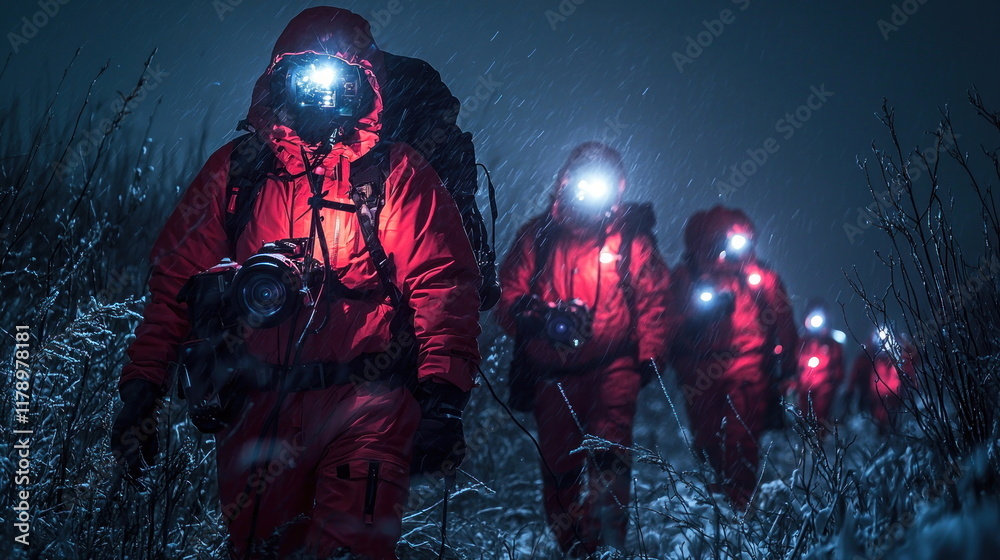 Group of Adventurers in Red Gear Trekking Through Snowy Wilderness at Night Group of Adventurers in Red Gear Trekking Through Snowy Wilderness at Night