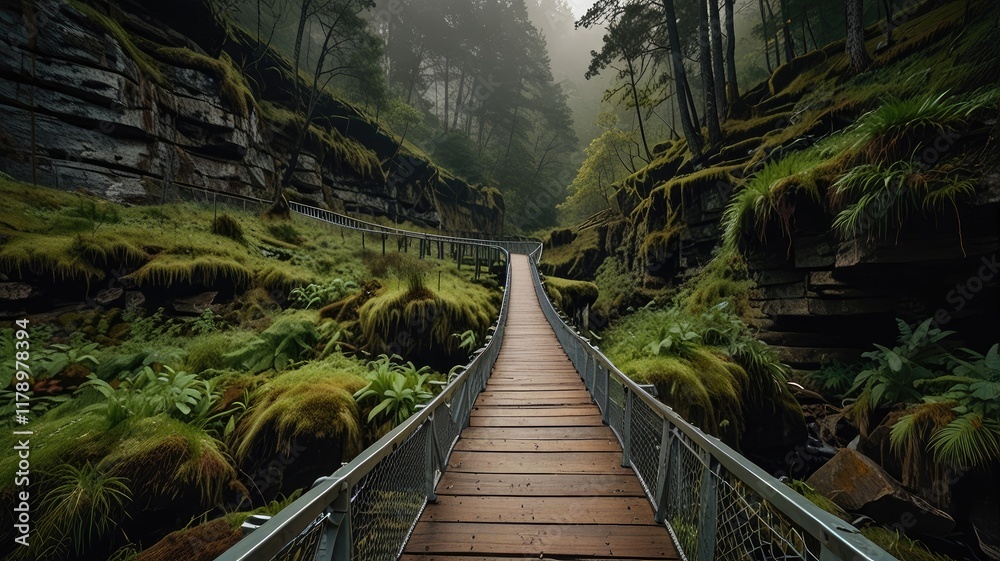Obraz premium hiking trail,Suspended footbridge over mossy gorge connects hiking trails through cliffs.