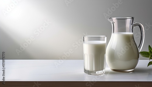 jug of milk and glass of milk on a white table with copy space for add text. Fresh milk.
