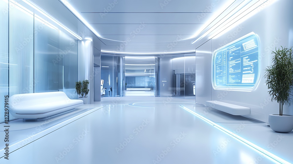 A futuristic, sleek interior space with high-tech displays and minimalist design. A futuristic, sleek interior space with high-tech displays and minimalist design.