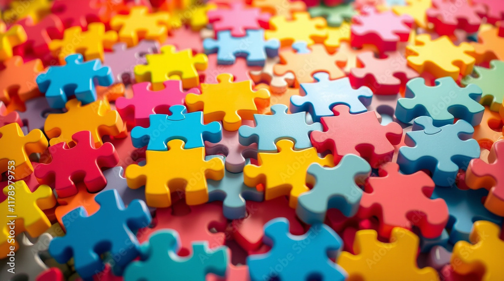 Colorful puzzle pieces scattered, creating a vibrant and abstract background. Ideal for projects related to solutions, teamwork, or creativity. Colorful puzzle pieces scattered, creating a vibrant and abstract background. Ideal for projects related to solutions, teamwork, or creativity.