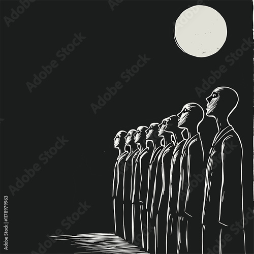 Minimalist artwork of silhouetted figures standing in line.