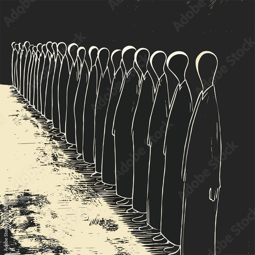Minimalist artwork of silhouetted figures standing in line.
