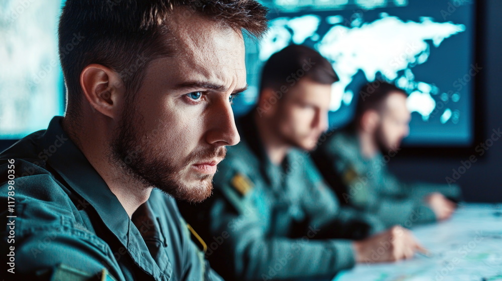 Serious Military Personnel Analyzing Strategic Operations in Control Room Serious Military Personnel Analyzing Strategic Operations in Control Room