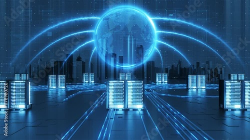 Technology earth data flow, global Internet information processing. Future high-tech server cluster, AI and IOT innovation development.