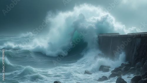 Hurricane waves crashing on seawall. Extreme weather impacts coastal areas. Seawall design to withstand storm surge. Protecting shorelines from hurricanes.