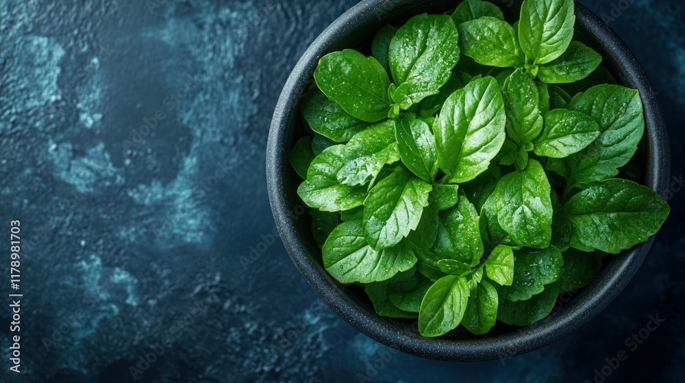 Fresh green mint leaves in a black pot on a textured surface. Fresh green mint leaves in a black pot on a textured surface.
