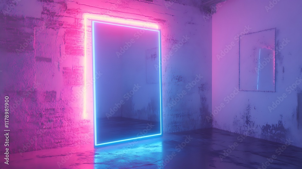 Obraz premium Neon Lights Illuminate a Room with Mirrors and Textured Walls