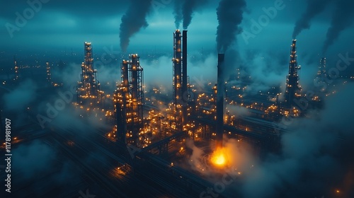 Aerial night shot of US Steel plant, thousands of lights illuminating industrial complex, steam clouds lit from below, red-hot steel pour visible, long exposure photo