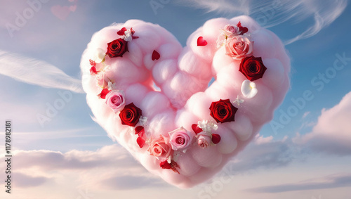 Heart of Cotton Candy and Roses Floating in the Blue Sky. Valentine's Day or Wedding Banner. Greeting card, Valentine's Day or Wedding Invitation.