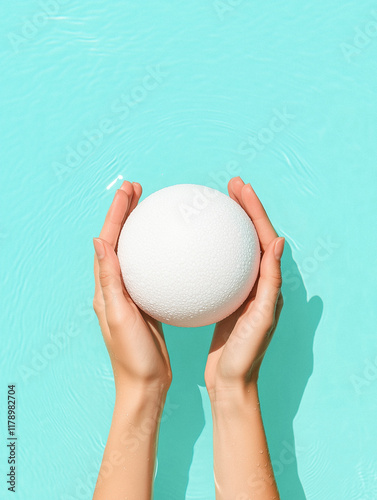White Sphere Held Above Water by Two Hands