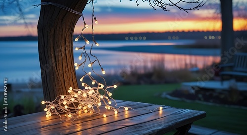 Empty Wood table top with decorative outdoor string lights hanging on trees in the revier nature at sunset time,	
 photo