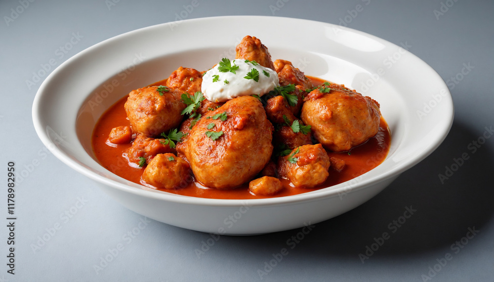 Csirkepaprikás Chicken Stew in Tomato Sauce Close-up Shot for Menu Csirkepaprikás Chicken Stew in Tomato Sauce Close-up Shot for Menu