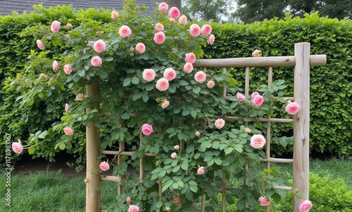 Pink roses blooming on a trellis photo