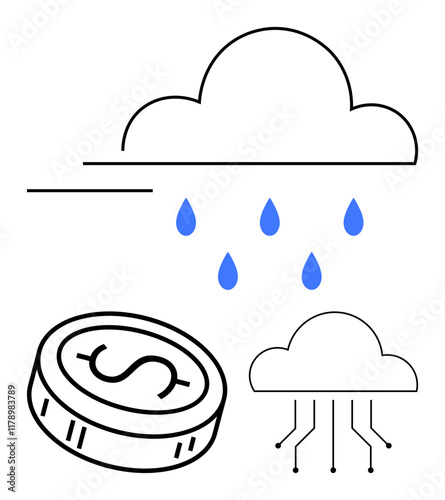 Coin with dollar sign, two clouds one raining drops and another connected to digital lines. Ideal for fintech, digital economy, cloud computing, data storage, online transactions, financial