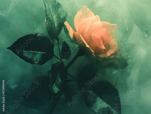 Peach rose in smoky, dark green background.