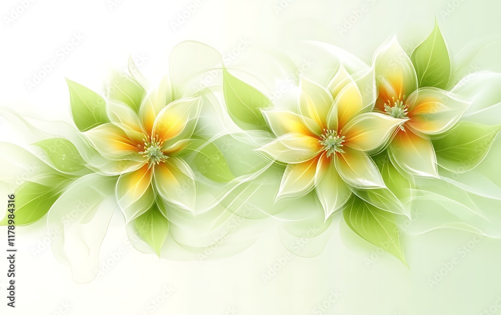 Three light green and yellow flowers with translucent leaves and swirls. Three light green and yellow flowers with translucent leaves and swirls.