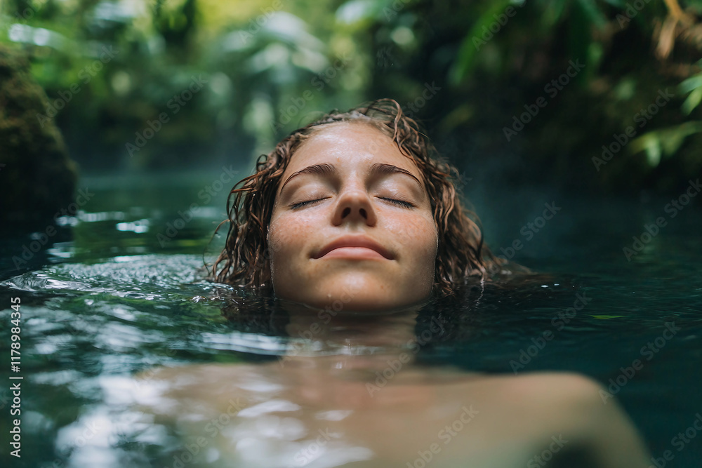 Fototapeta premium Generative AI illustration of beautiful girl relaxing in tropics