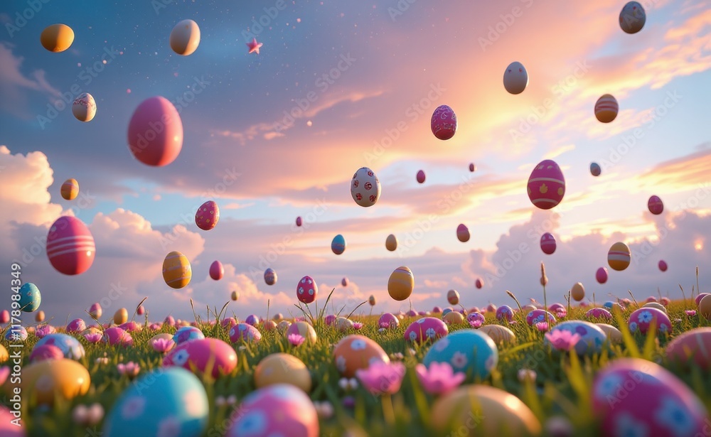 A whimsical scene of colorful Easter eggs flying through a vibrant sky above a field of grass and flowers. A whimsical scene of colorful Easter eggs flying through a vibrant sky above a field of grass and flowers.