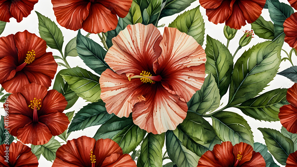 custom made wallpaper toronto digitalA lively and colorful watercolor painting featuring vibrant hibiscus flowers.