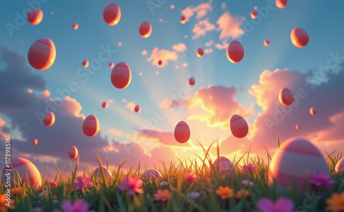 A whimsical scene of colorful Easter eggs flying through a vibrant sky above a field of grass and flowers. photo