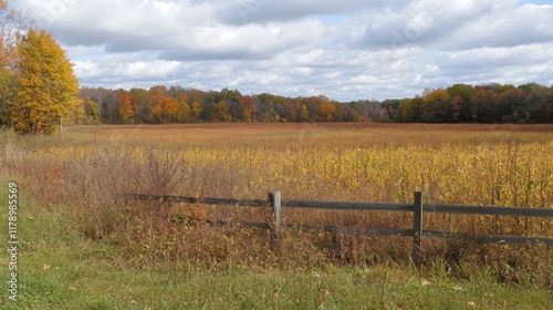 Wallpaper Mural Autumnal field with a wooden fence, colorful foliage, and cloudy sky. Torontodigital.ca