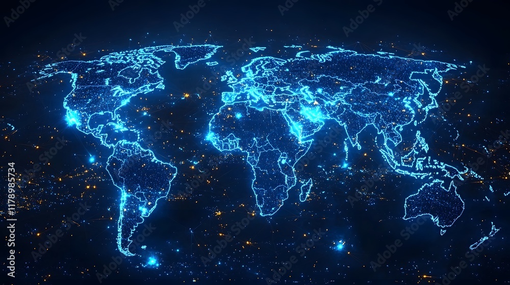 Glowing Digital World Map with High Speed Data Connections Symbolizing Global Communication Technology Glowing Digital World Map with High Speed Data Connections Symbolizing Global Communication Technology