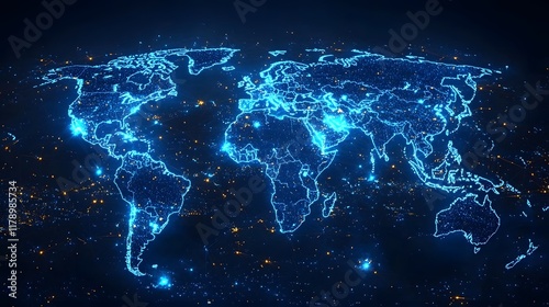 Glowing Digital World Map with High Speed Data Connections Symbolizing Global Communication Technology