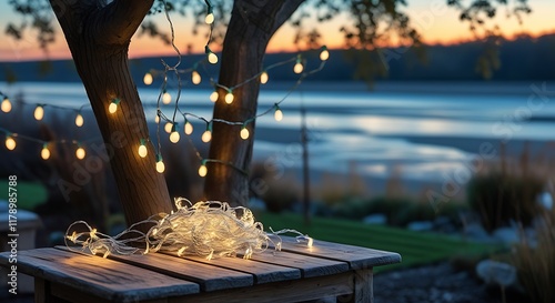 Empty Wood table top with decorative outdoor string lights hanging on trees in the revier nature at sunset time,	
 photo