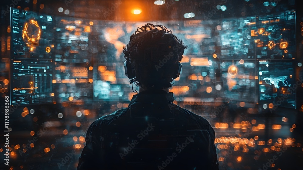 Person Participating in Futuristic Global Video Conference with Holographic Screens Person Participating in Futuristic Global Video Conference with Holographic Screens