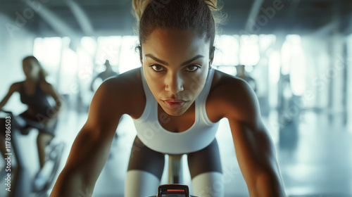 Woman in fitness studio intensely focused on cycling workout, healthy lifestyle with blurred gym-goers in the background photo